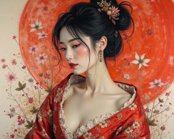 Woman in red kimono with floral motifs and backdrop