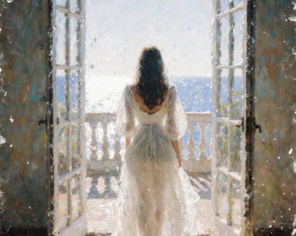 Figure in White Dress at Open Door with Sea View