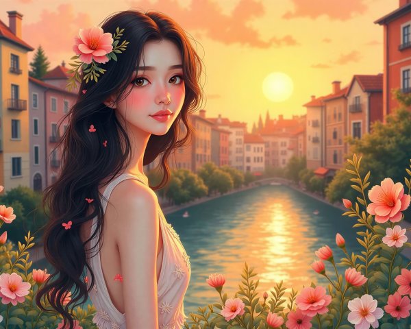 Anime Girl in European Town with Sunset Reflection