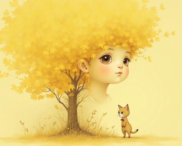 Whimsical illustration of girl in yellow tree with cat