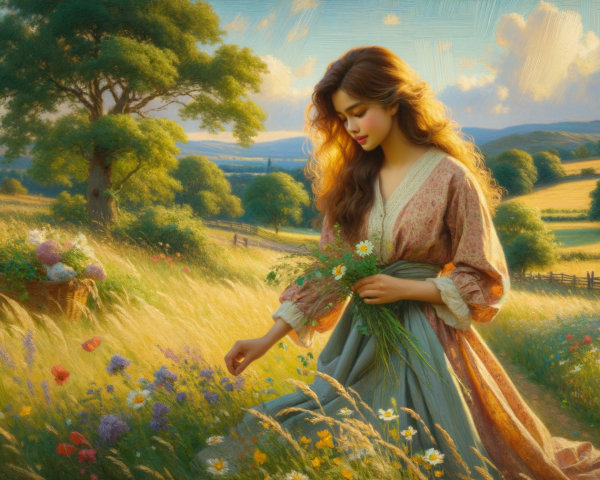 Serene Landscape with Young Woman Gathering Flowers