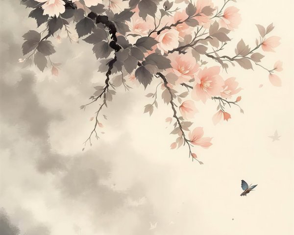 Sumi-e Artwork Featuring Branch with Pink Flowers and Butterflies