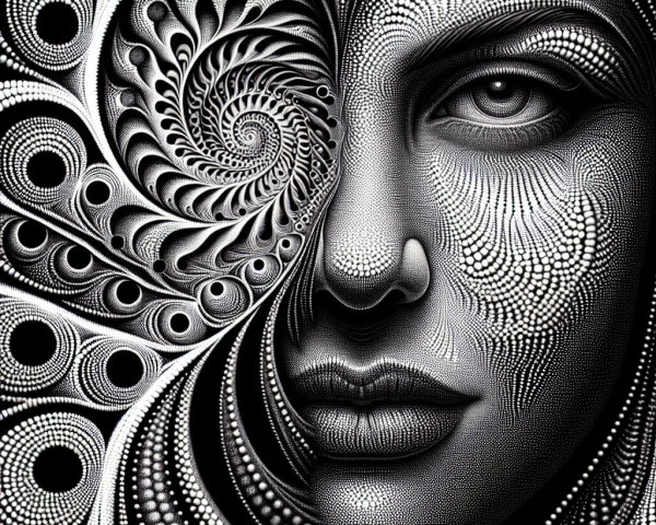 Black and White Portrait with Intricate Spiral Patterns