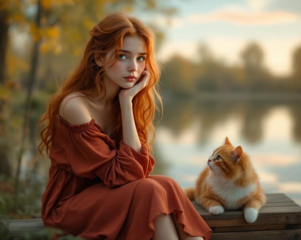 Young woman by lake with orange dress and cat