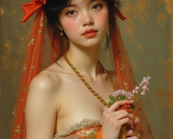 Young Woman in Vibrant Floral Attire and Veil