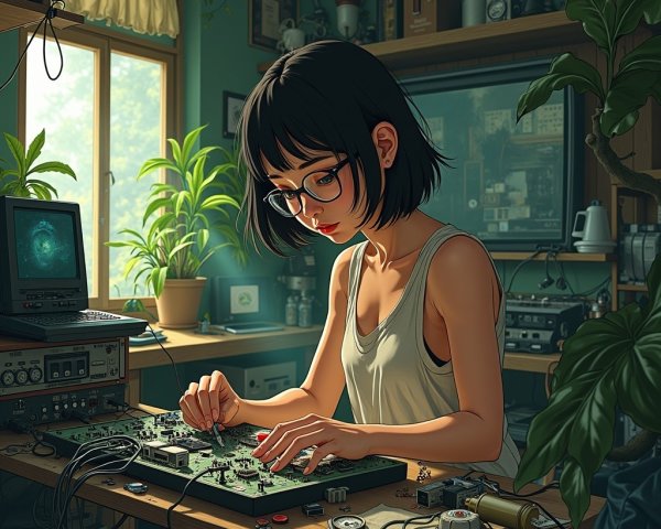 Young woman working on circuit board in cozy room