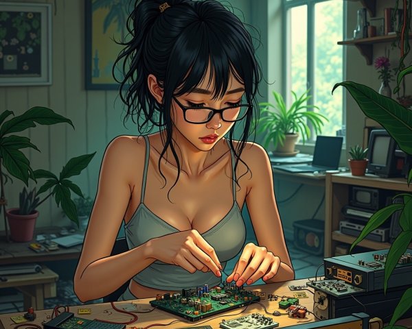 Young Woman Assembling Circuit Board in Sunlit Room