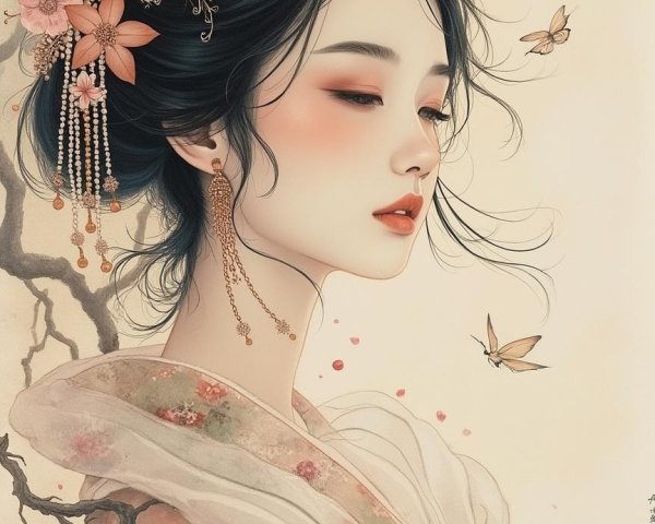 Serene Woman in Traditional Attire with Butterflies