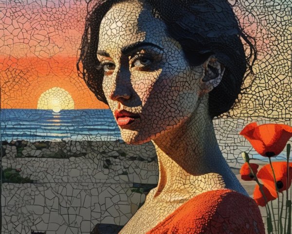 Portrait of a Woman with Wavy Hair at Sunset by Sea