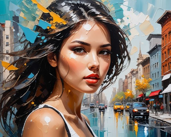 Portrait of a Young Woman in a Rainy Urban Scene