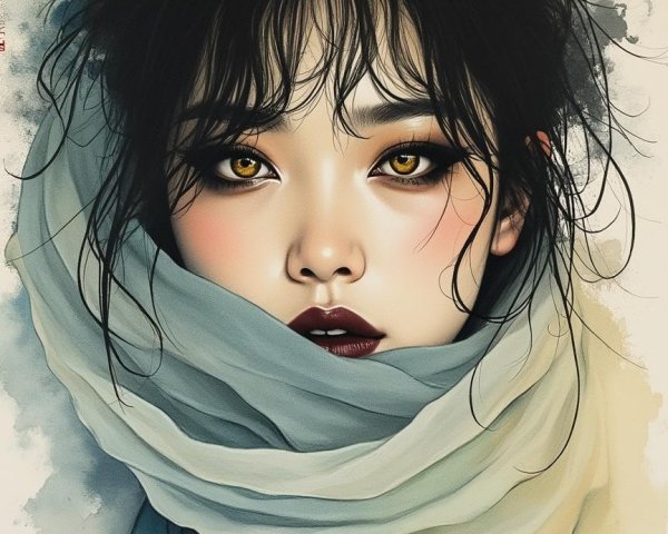 Young Woman with Golden Eyes and Watercolor Background