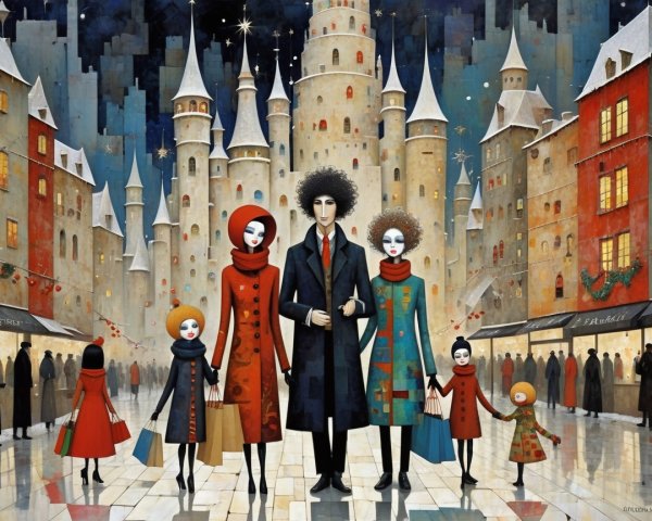 Family of Five in Fantasy Christmas Setting Painting