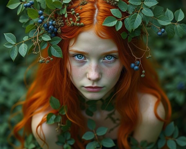 Young woman with red hair among greenery and berries