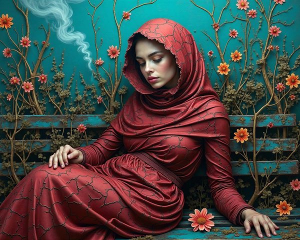 Fantasy Painting of Woman in Burgundy Dress on Bench