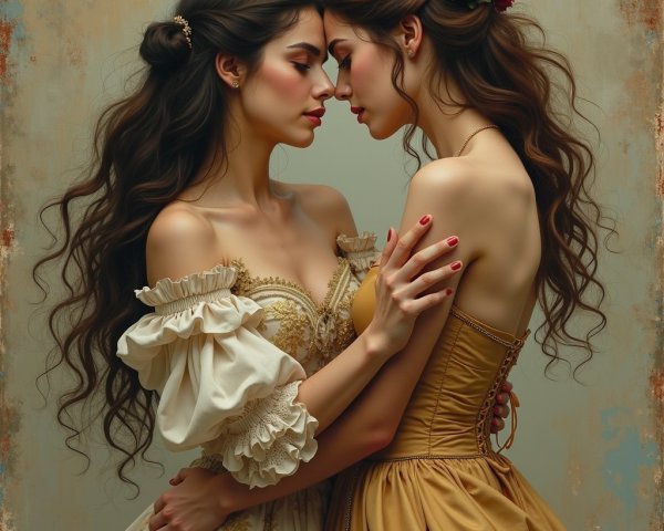 Two Women in Elegant Gowns Sharing a Connection