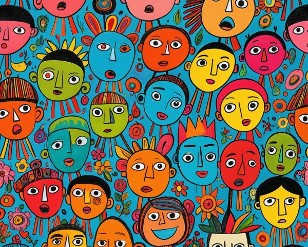 Vibrant Collage of Diverse Stylized Faces and Patterns