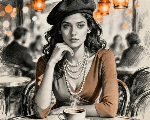 Sketch of a Woman in Cafe with Coffee and Accessories