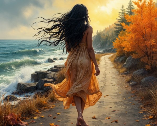 Woman in Golden Dress on Rocky Shoreline in Autumn