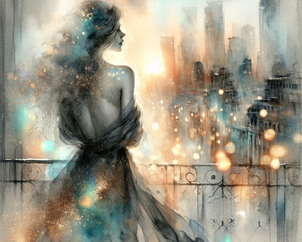 Watercolor Painting of a Woman on a Balcony at Sunset