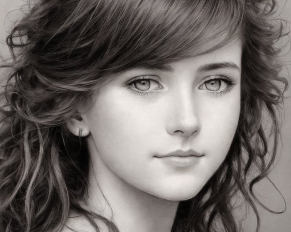 Monochromatic Portrait of a Young Woman with Curly Hair