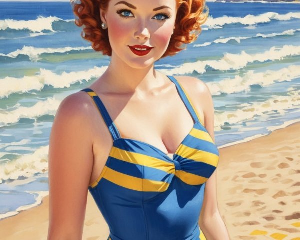 Retro Illustration of Confident Woman at Beach