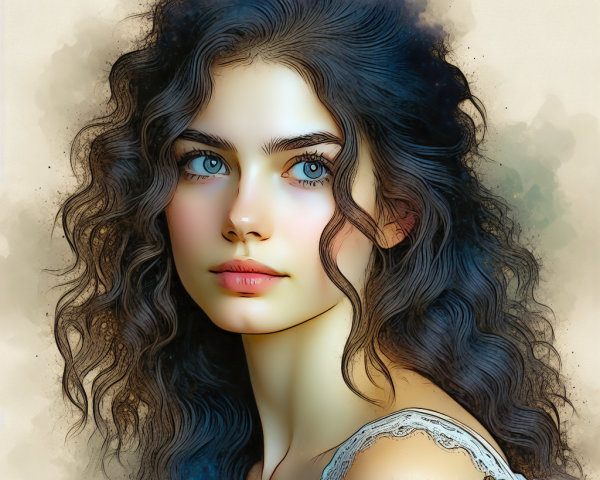 Young woman with curly hair and striking blue eyes