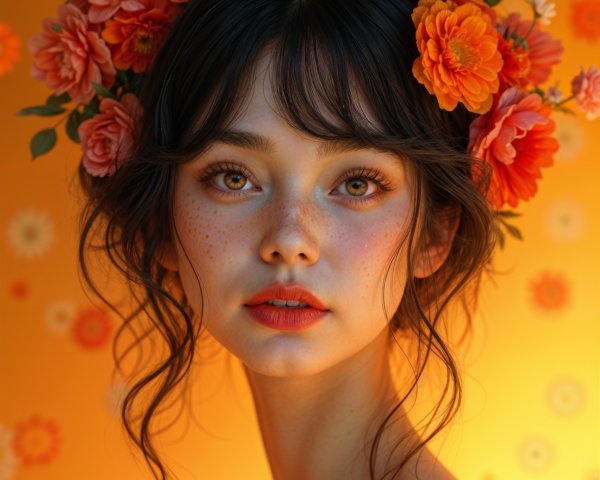 Young woman with floral hair and orange top portrait