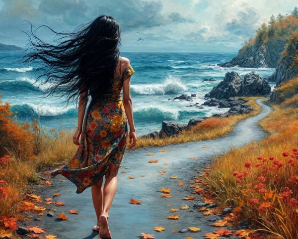 Woman in Floral Dress Walking Along Coastal Path