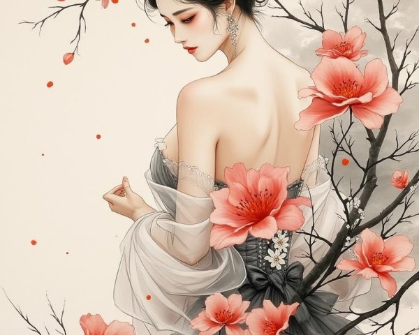 Graceful Woman in Delicate Gown Among Cherry Blossoms