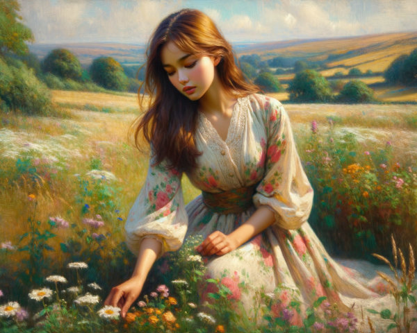Young Woman in Floral Dress Picking Wildflowers in Meadow