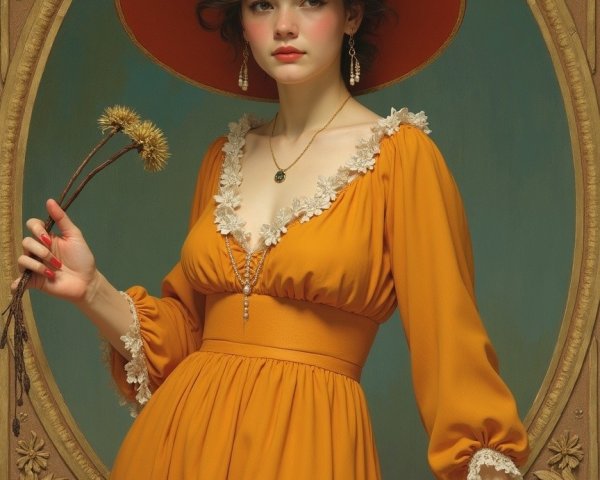 Young Woman in Mustard Dress with Vintage Aesthetic