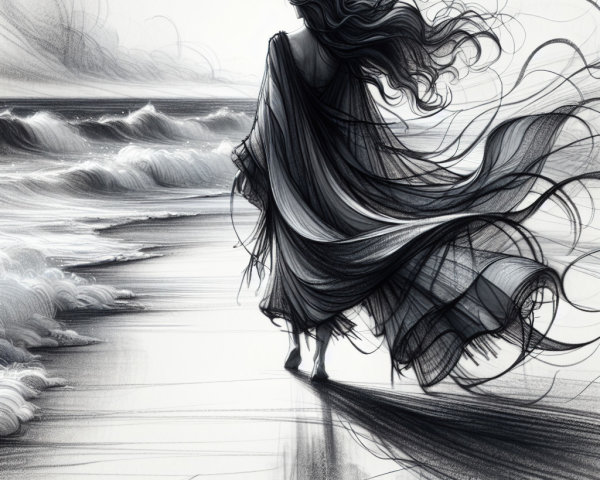 Solitary Figure at Water's Edge with Waves and Wind