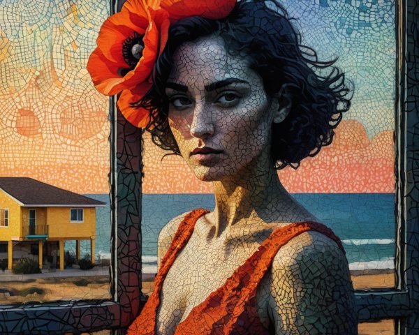 Woman in Red Dress by Ocean Sunset Window Frame