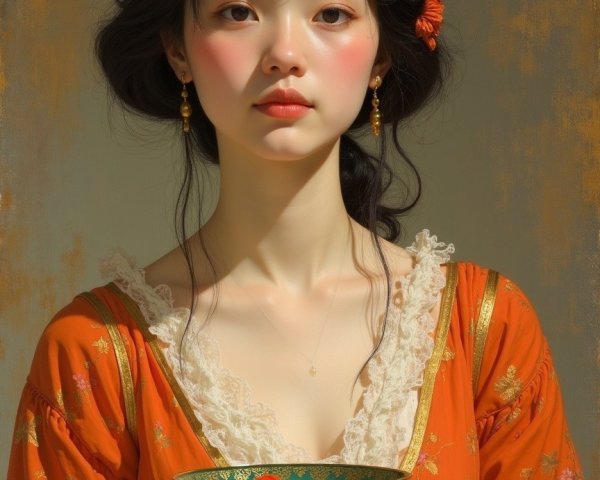 Young woman in elegant dress holding decorated bowl