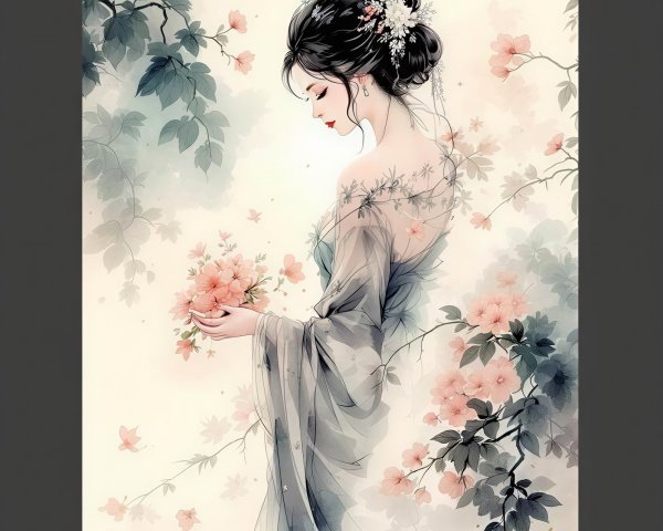 Traditional Chinese Watercolor of Woman with Flowers