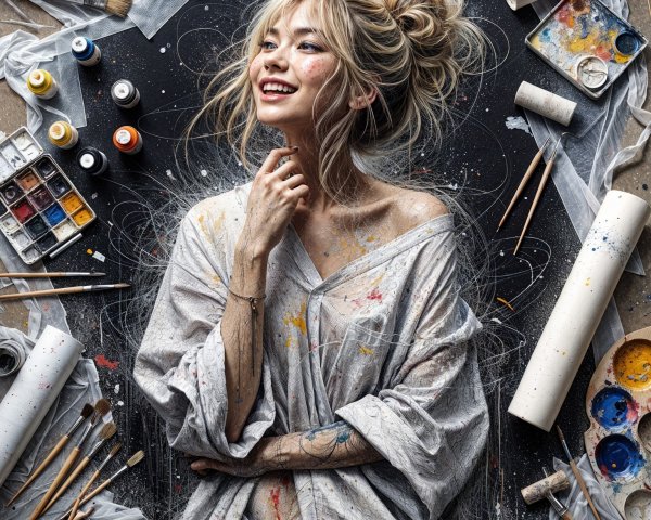 Smiling Woman Surrounded by Colorful Art Supplies