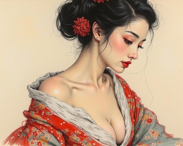 Young Woman in Red Kimono with Floral Patterns