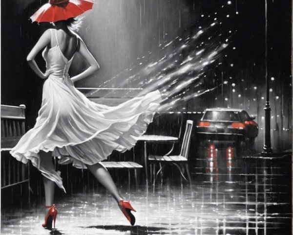 Woman in White Dress Dances in Rainy Night Scene