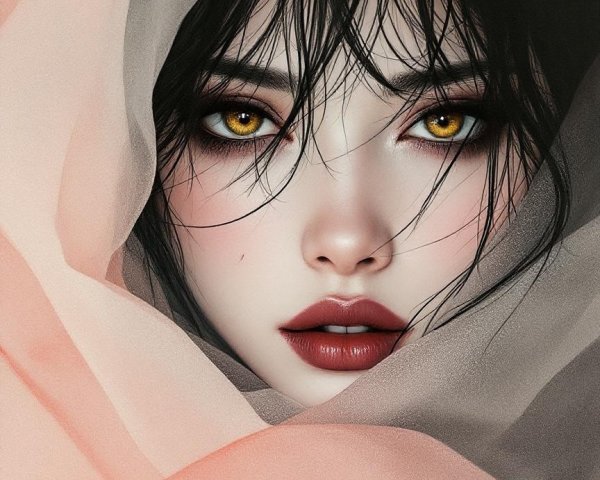 Portrait of a woman with golden eyes and a veil