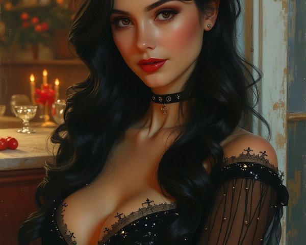Elegant Woman in Black Dress with Candlelit Background