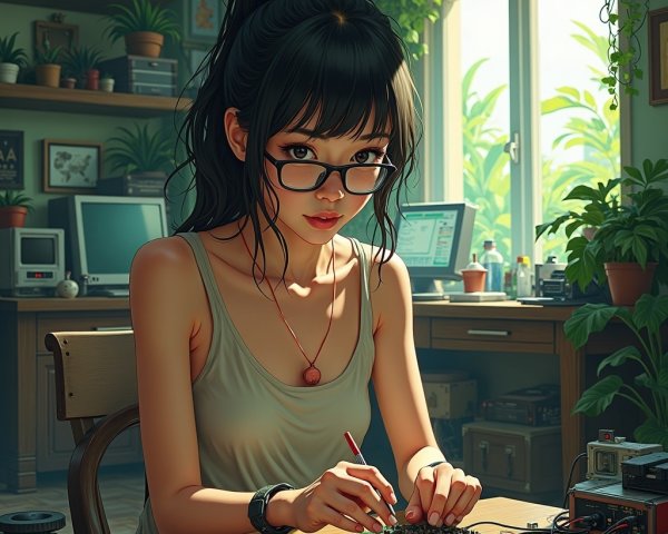 Young woman working on circuit board in sunlit room