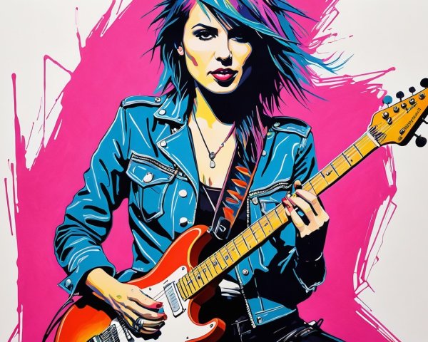 Stylized Illustration of a Female Guitarist with Colorful Hair