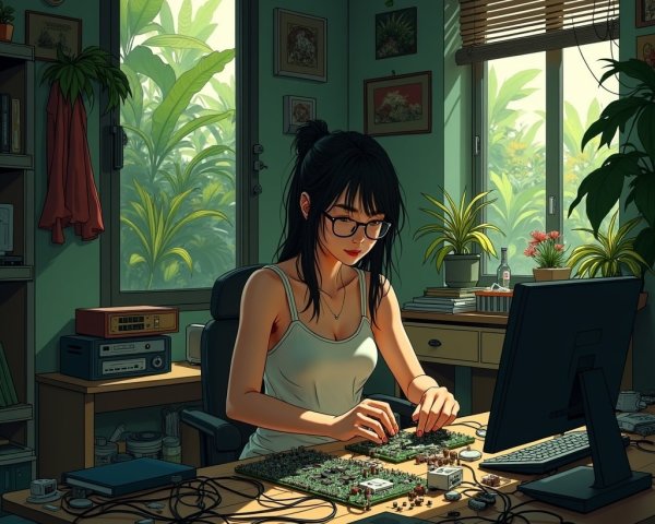 Young Woman Working on Circuit Board in Sunlit Room