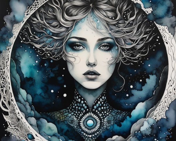 Portrait of a Woman in Cosmic Blue and Black Tones