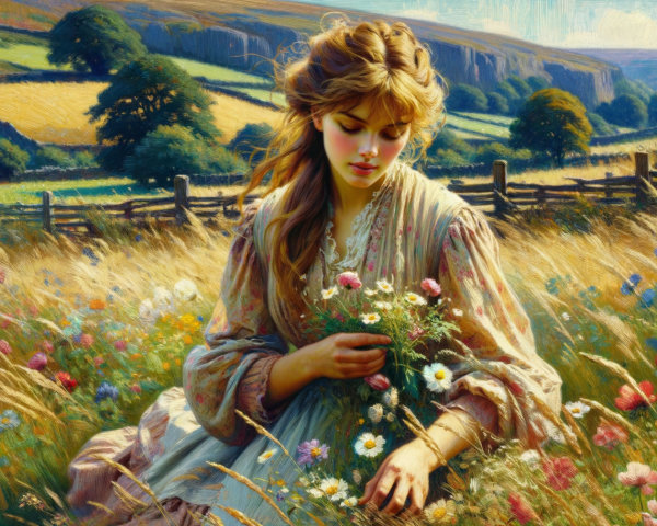 Young Woman in Wildflower Field with Bouquet
