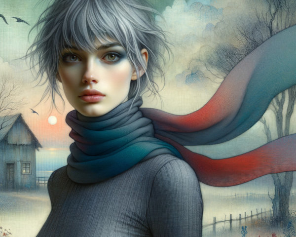 Serene Portrait of a Young Woman in Dreamlike Landscape