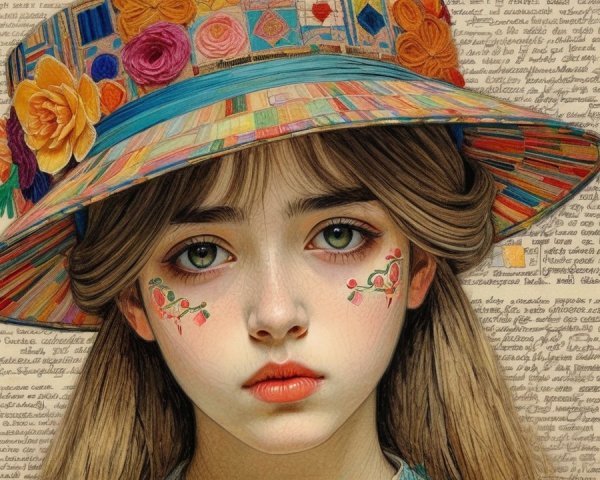Young girl with green eyes and floral hat design