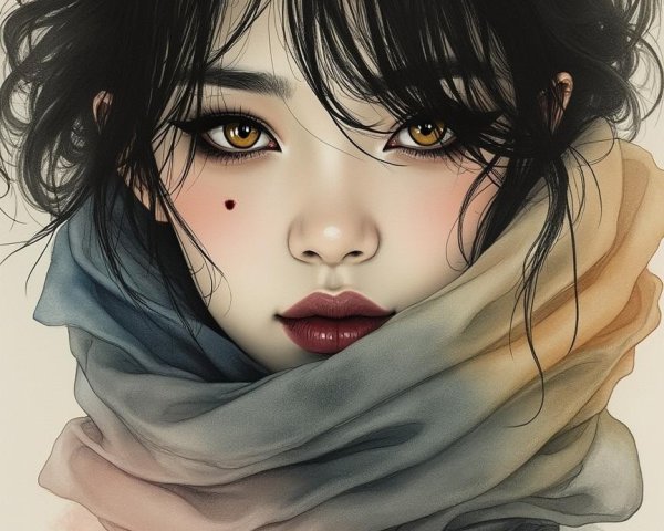 Portrait of a Young Woman with Brown Eyes and Scarf