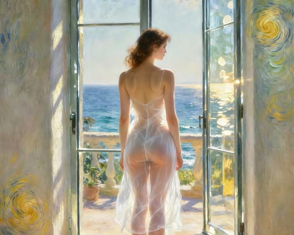 Young woman in sheer nightgown by ocean view door