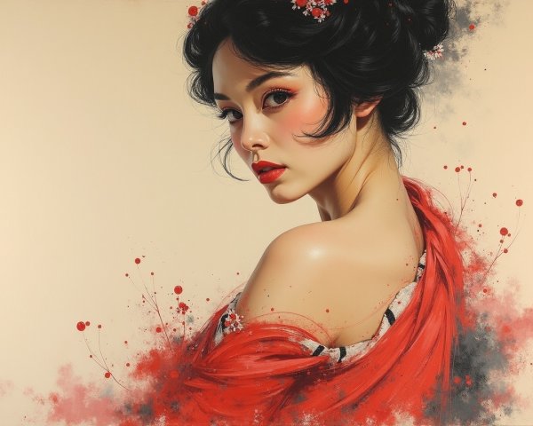 Portrait of a woman with dark hair and floral accents